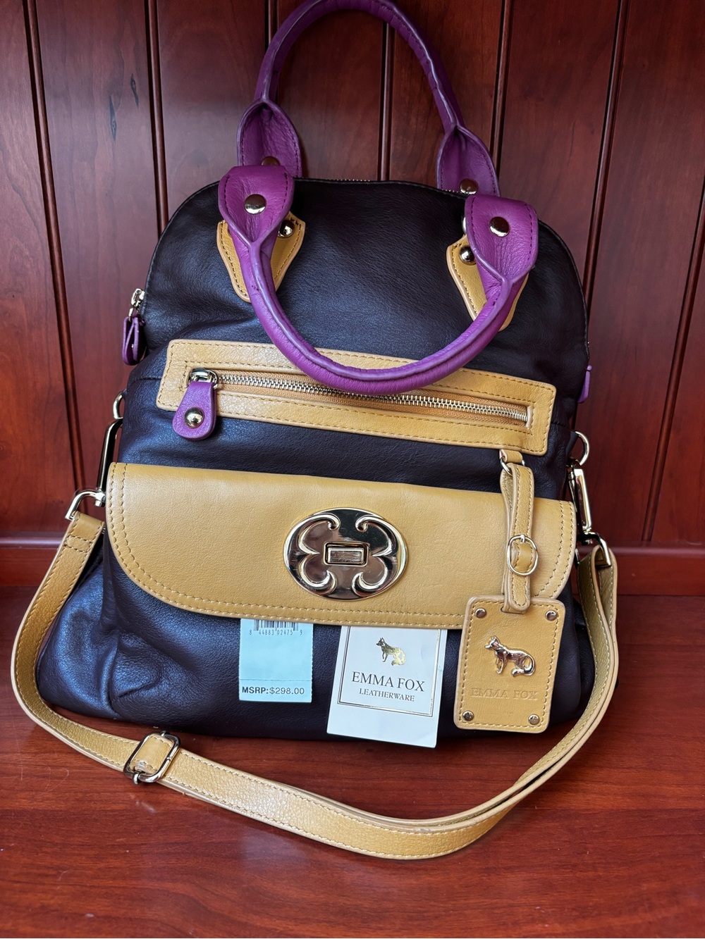 Emma Fox Two-Tone Black and Mustard Leather Satchel with Purple Handles